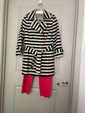 Banana Republic Black and White Striped Trench Coat with Belt